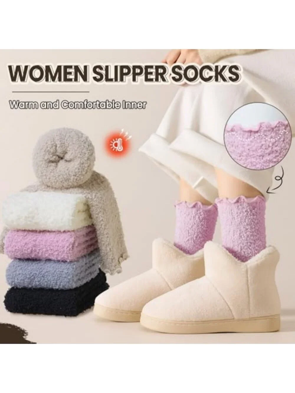 Cozy Fuzzy Ruffle Slipper Socks - Soft Plush Warm Winter Crew - 5 Pairs